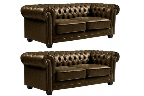 Chesterfield Brown Leather Antique 3+3 Seater Sofa Set
