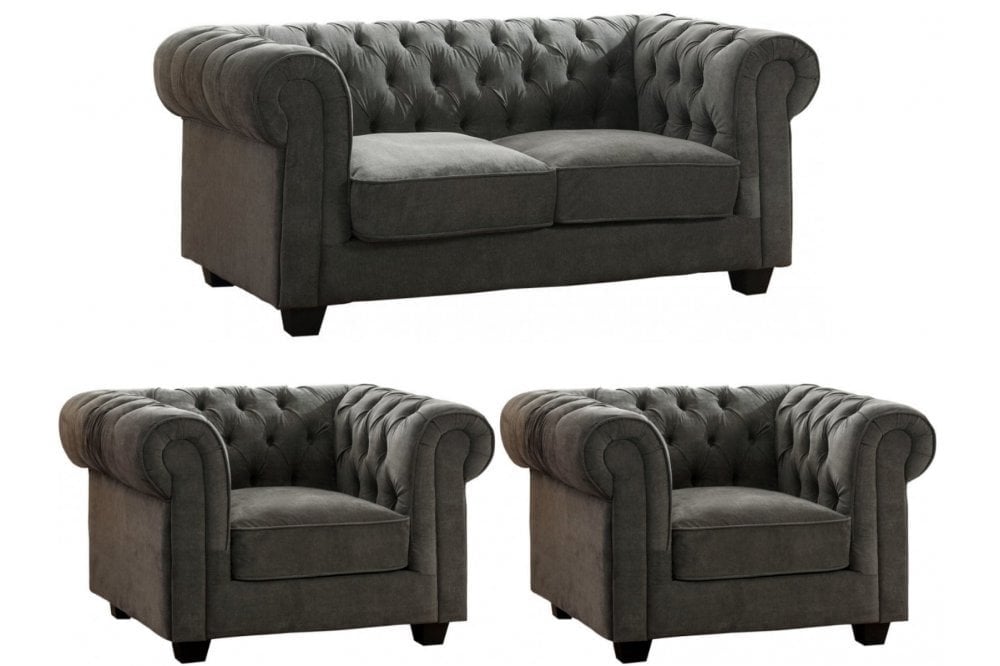 Chesterfield Grey Fabric 2+1+1 Seater Sofa Set