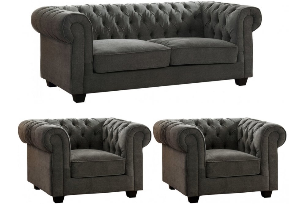 Chesterfield Grey Fabric 3+1+1 Seater Sofa Set