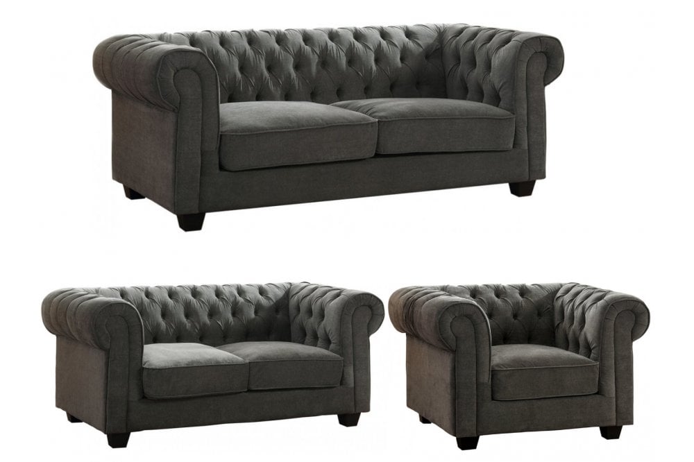 Chesterfield Grey Fabric 3+2+1 Seater Sofa Set
