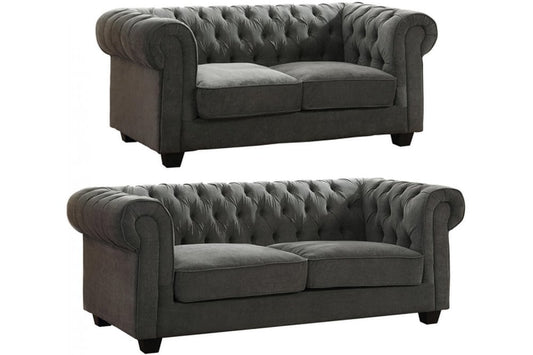 Chesterfield Grey Fabric 3+2 Seater Sofa Set