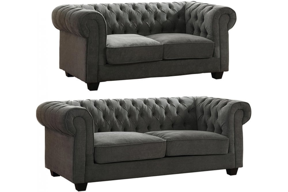 Chesterfield Grey Fabric 3+2 Seater Sofa Set
