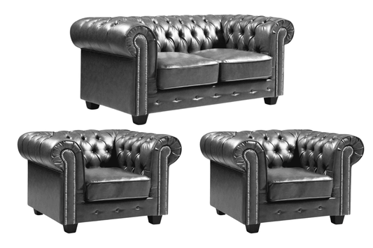 Chesterfield Grey Leather Antique 2+1+1 Seater Sofa Set