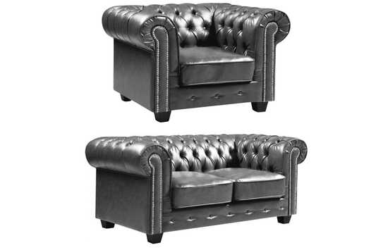 Chesterfield Grey Leather Antique 2+1 Seater Sofa Set