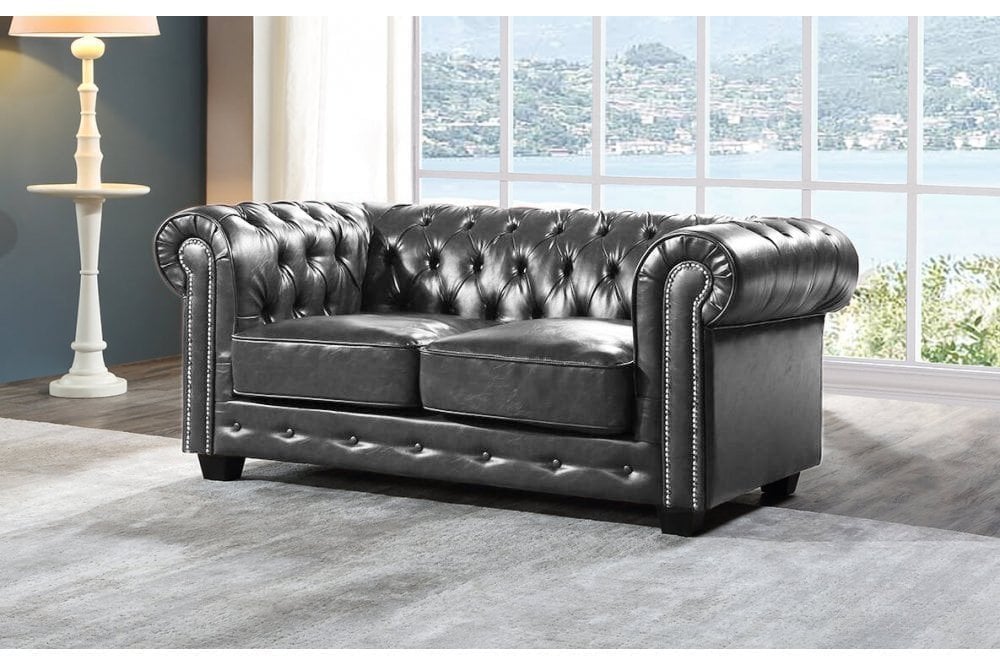 Chesterfield Grey Leather Antique 2+2 Seater Sofa Set