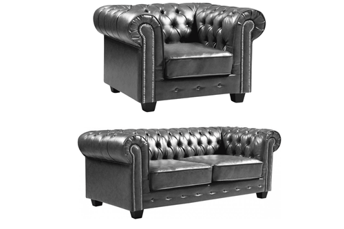 Chesterfield Grey Leather Antique 3+1 Seater Sofa Set