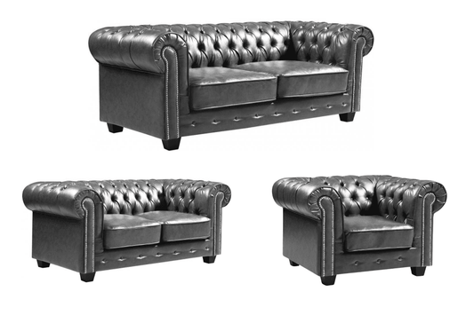 Chesterfield Grey Leather Antique 3+2+1 Seater Sofa Set