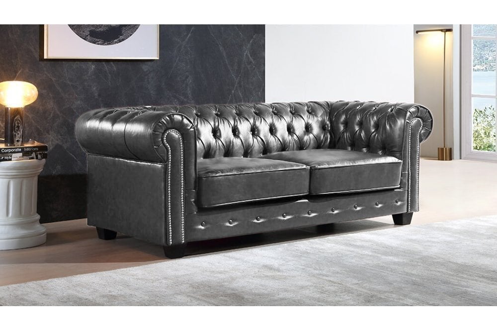 Chesterfield Grey Leather Antique 3+2+1 Seater Sofa Set