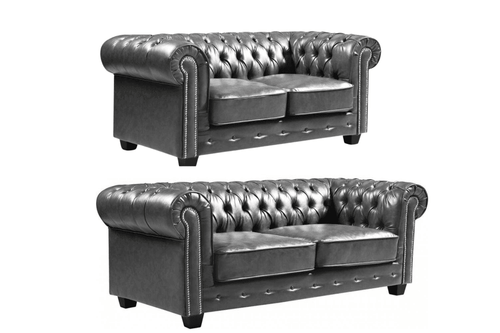 Chesterfield Grey Leather Antique 3+2 Seater Sofa Set