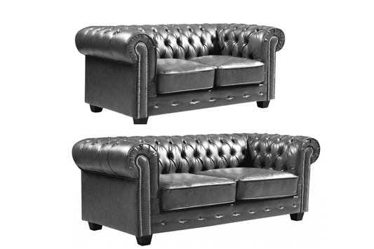 Chesterfield Grey Leather Antique 3+2 Seater Sofa Set