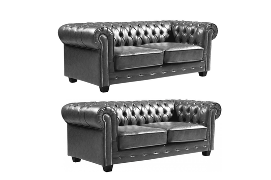 Chesterfield Grey Leather Antique 3+3 Seater Sofa Set