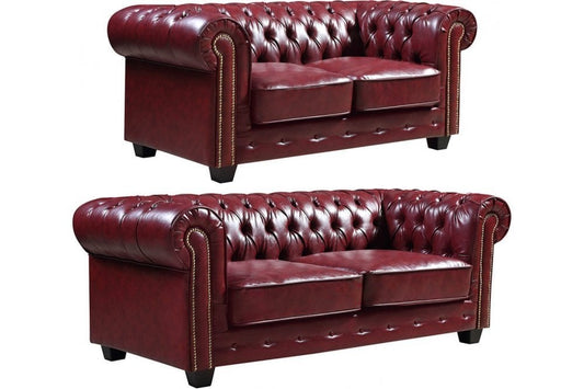 Chesterfield Red Leather Antique 3+2 Seater Sofa Set