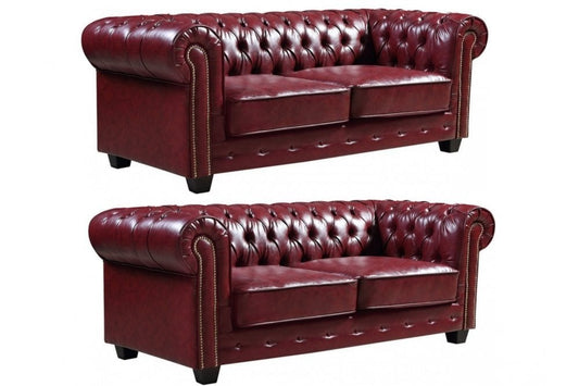 Chesterfield Red Leather Antique 3+3 Seater Sofa Set