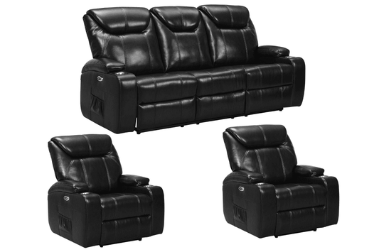 Cinema Black Electric 3+1+1 Seater Leather Recliner Sofa Set With Two Cup Holders