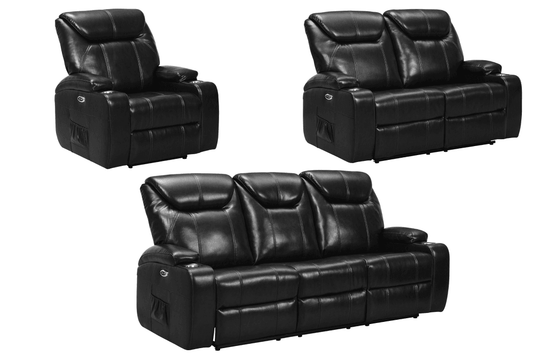 Cinema Black Electric 3+2+1 Seater Leather Recliner Sofa Set With Two Cup Holders