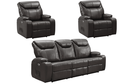 Cinema Grey Leather 3+1+1 Electric Recliner Sofa Set With Two Cup Holders