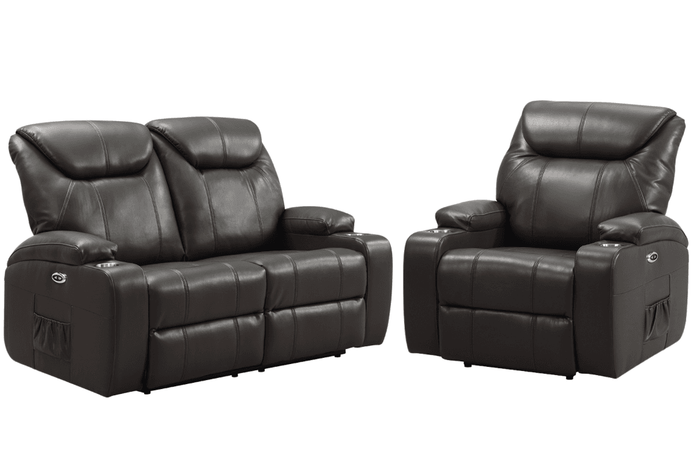 Cinema Grey Leather Electric 2+1 Recliner Sofa Set With Two Cup Holders