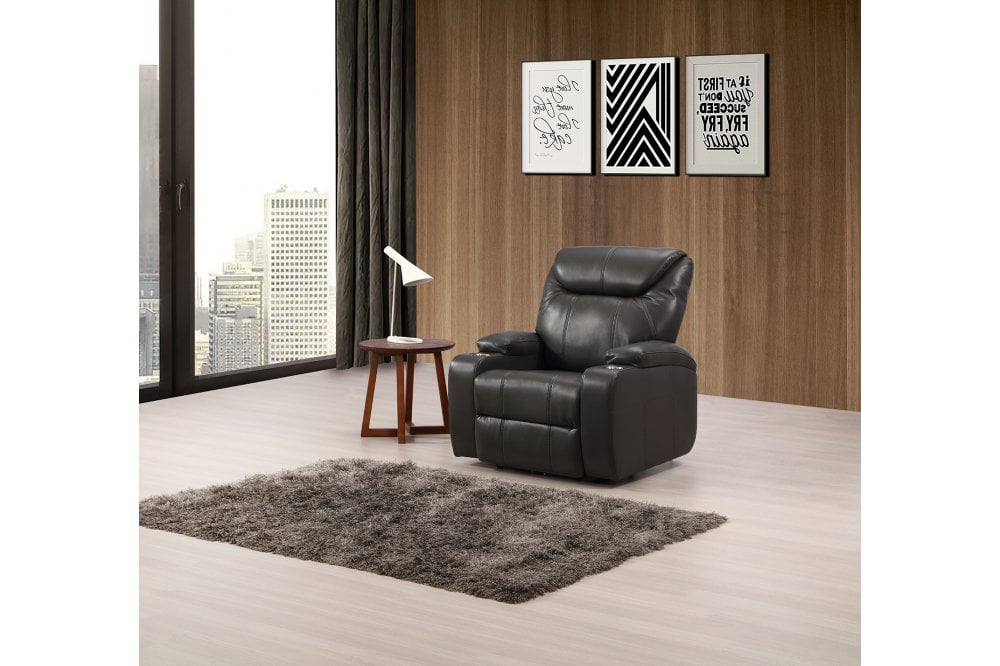 Cinema Grey Leather Electric 2+1 Recliner Sofa Set With Two Cup Holders