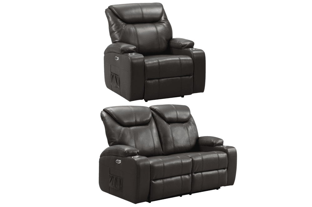 Cinema Grey Leather Electric 2+1 Recliner Sofa Set With Two Cup Holders