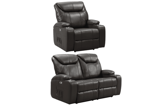 Cinema Grey Leather Electric 2+1 Recliner Sofa Set With Two Cup Holders