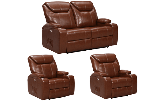 Cinema Tan Electric 2+1+1 Seater Leather Recliner Sofa Set  With Two Cup Holders