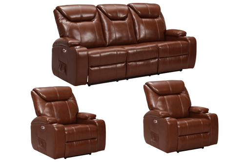 Cinema Tan Electric Leather 3+1+1 Seater Recliner Sofa Set  With Two Cup Holders