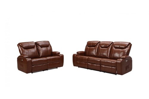 Cinema Tan Electric Leather 3+2 Seater Recliner Sofa Set  With Two Cup Holders