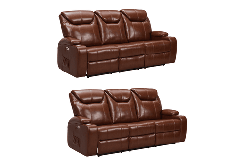 Cinema Tan Electric Leather 3+3 Seater Recliner Sofa Set With Two Cup Holders