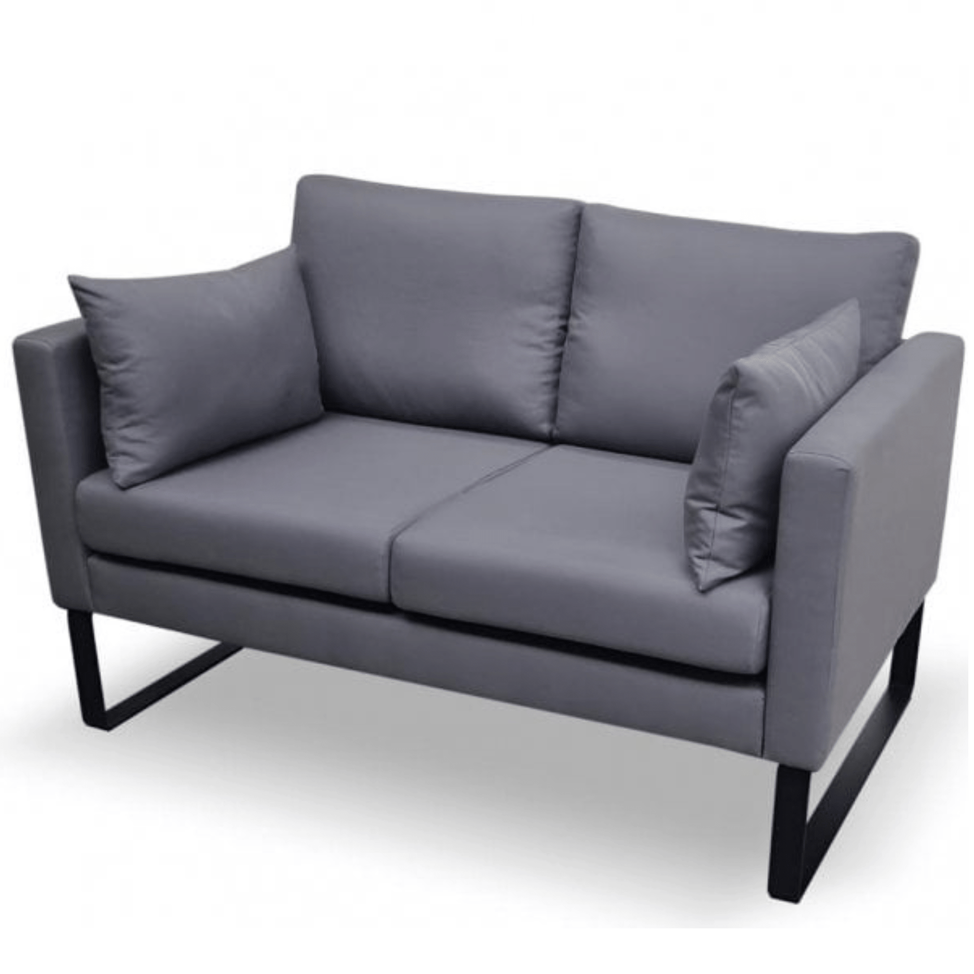Gray two-seater sofa with black legs on a white background