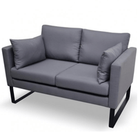 Gray two-seater sofa with black legs on a white background
