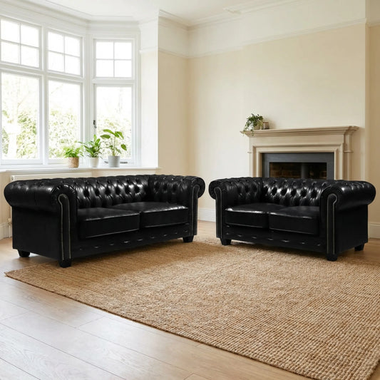 Chesterfield Black Leather Antique 3+2 Seater Sofa Set