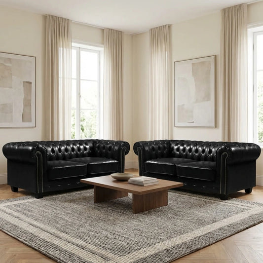 Chesterfield Black Leather Antique 3+3 Seater Sofa Set