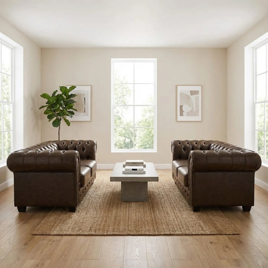 Chesterfield Brown Leather Antique 2+2 Seater Sofa Set