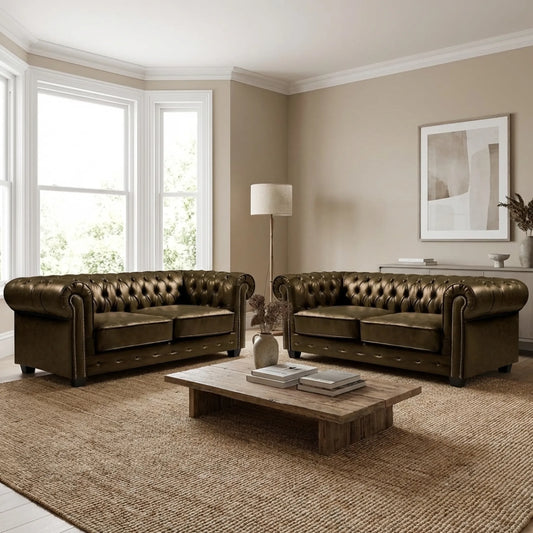 Chesterfield Brown Leather Antique 3+3 Seater Sofa Set