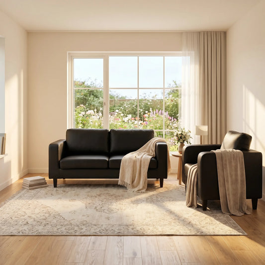Box Black Leather 3+1 Seater Sofa Set