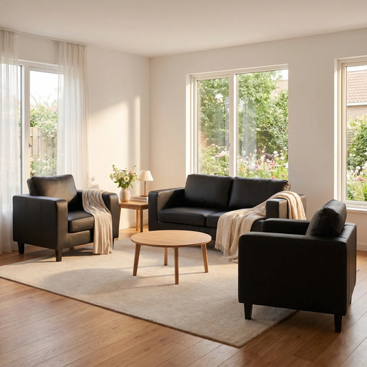 Box Black Leather 3+1+1 Seater Sofa Set