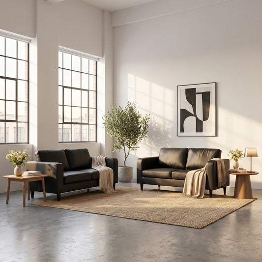 Box Black Leather 3+2 Seater Sofa Set