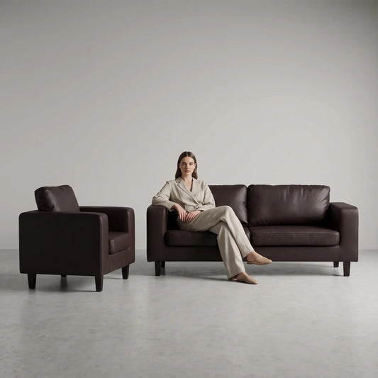 Box Brown Leather 3+1 Seater Sofa Set