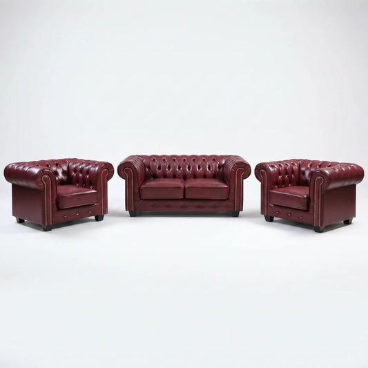 Chesterfield Red Leather Antique 2+1+1 Seater Sofa Set