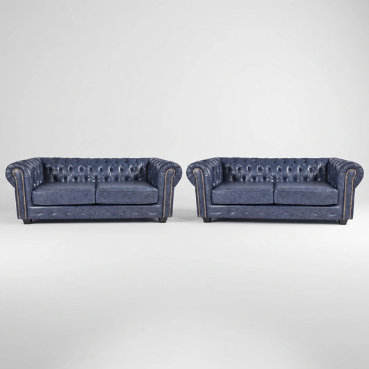 Chesterfield Blue Leather Antique Sofa Set for Living Room
