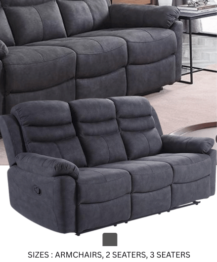 Conway Gray recliner sofa in a living room setting with armchairs and two-seater options.
