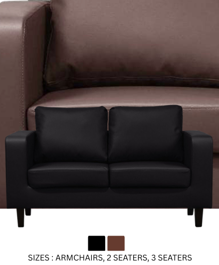 Black leather sofa in front of a brown leather sectional sofa with size options displayed.