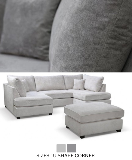 Gray sectional sofa with ottoman on a white background