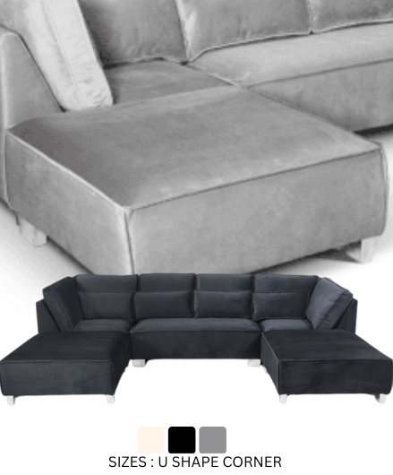 Gray and black U-shaped corner sofas on a white background