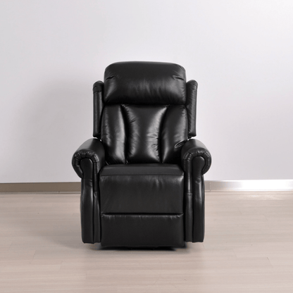 Black leather recliner chair on a wooden floor with a white wall background