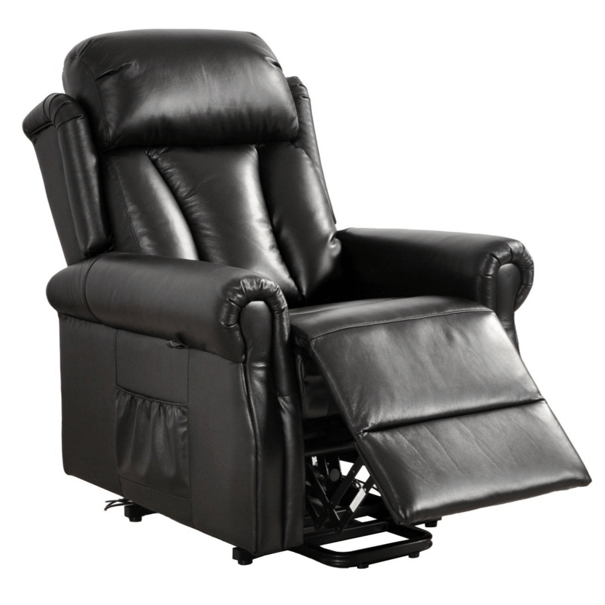 Black leather recliner chair on a white background