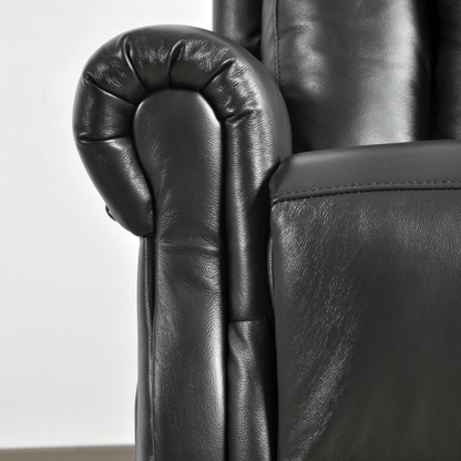 Close-up of a black leather armchair with detailed armrests on a white background