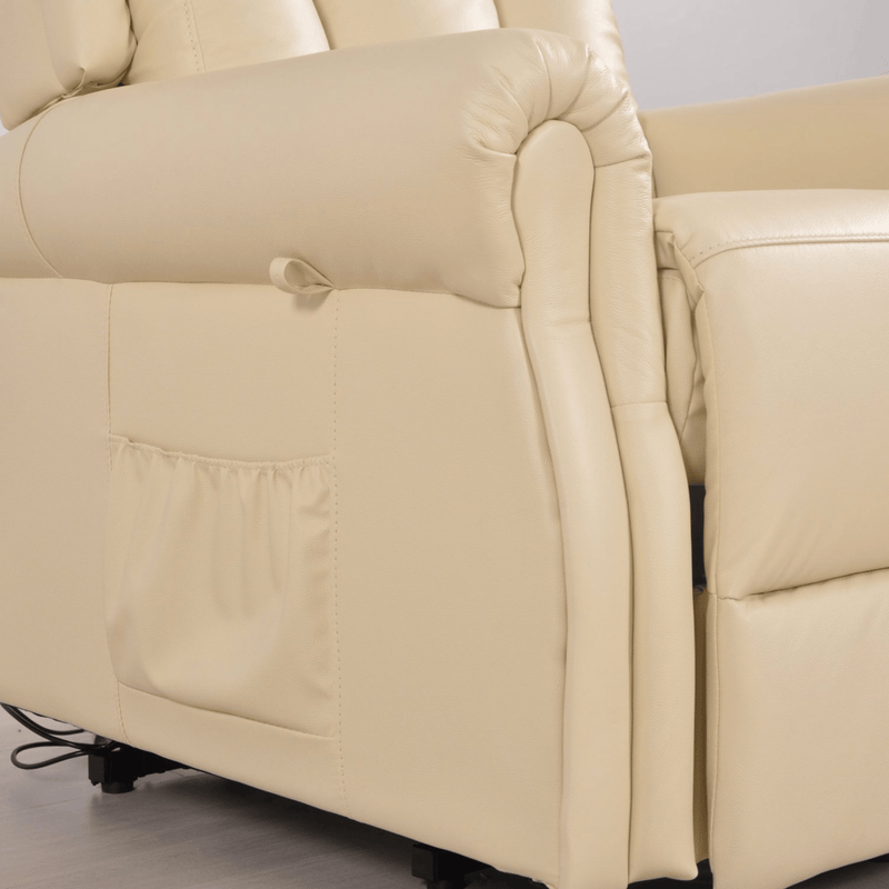 Beige recliner chair with a focus on the armrest and seat.