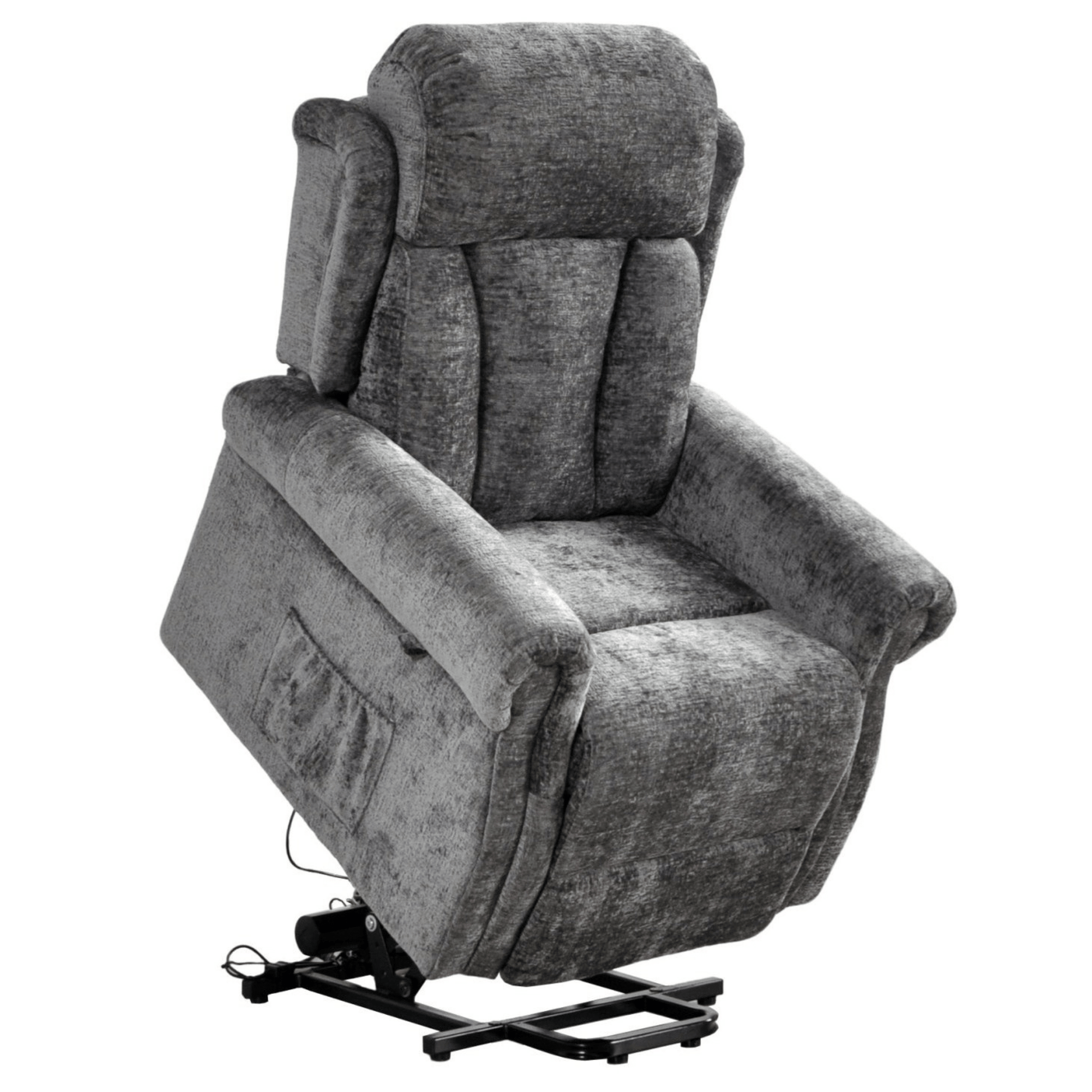 Gray upholstered lift chair on a white background