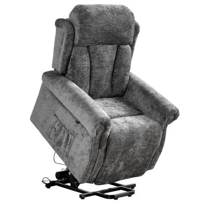 Gray upholstered lift chair on a white background